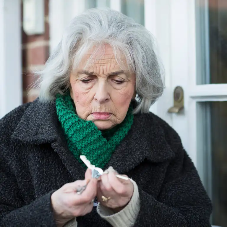 Ældre dame der kigger på sine nøgler