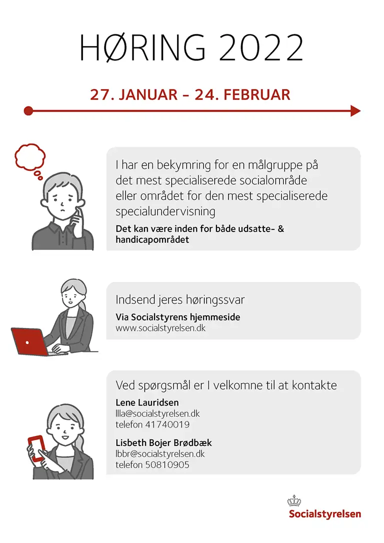 Infografik: Indsendelse af h&oslash;ringssvar fra den 27. januar til 24. februar via Socialstyrelsens hjemmeside. Kontakt Lene Lauridsen eller Lisbeth Br&oslash;db&aelig;k ved sp&oslash;rgsm&aring;l.